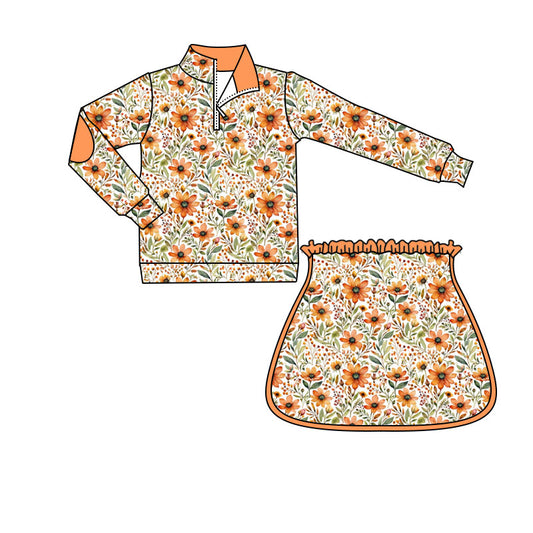 4.18 GLD1606 Preorder Orange Flowers Zipper Top Skirts Girls Fall Clothes Set