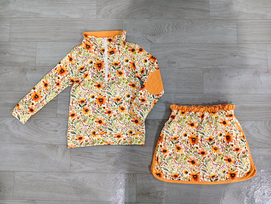 4.18 GLD1606 Preorder Orange Flowers Zipper Top Skirts Girls Fall Clothes Set