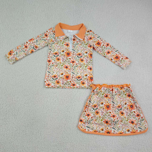 GLD1606 Orange Flowers Zipper Top Skort Girls Clothes Set