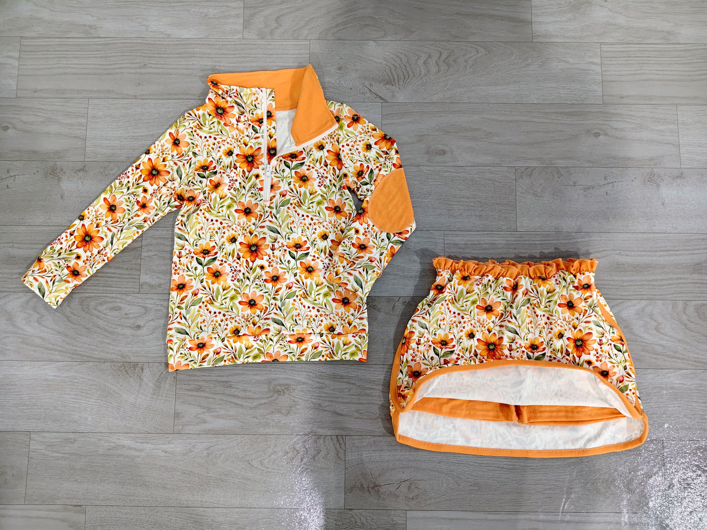 4.18 GLD1606 Preorder Orange Flowers Zipper Top Skirts Girls Fall Clothes Set