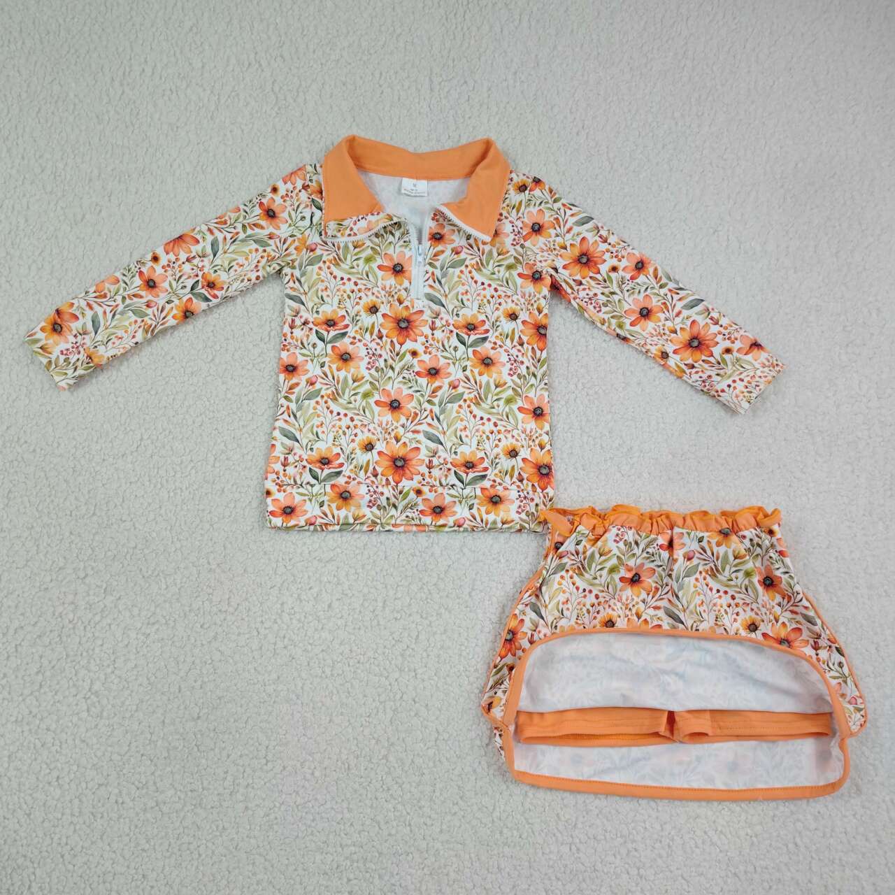 GLD1606 Orange Flowers Zipper Top Skort Girls Clothes Set
