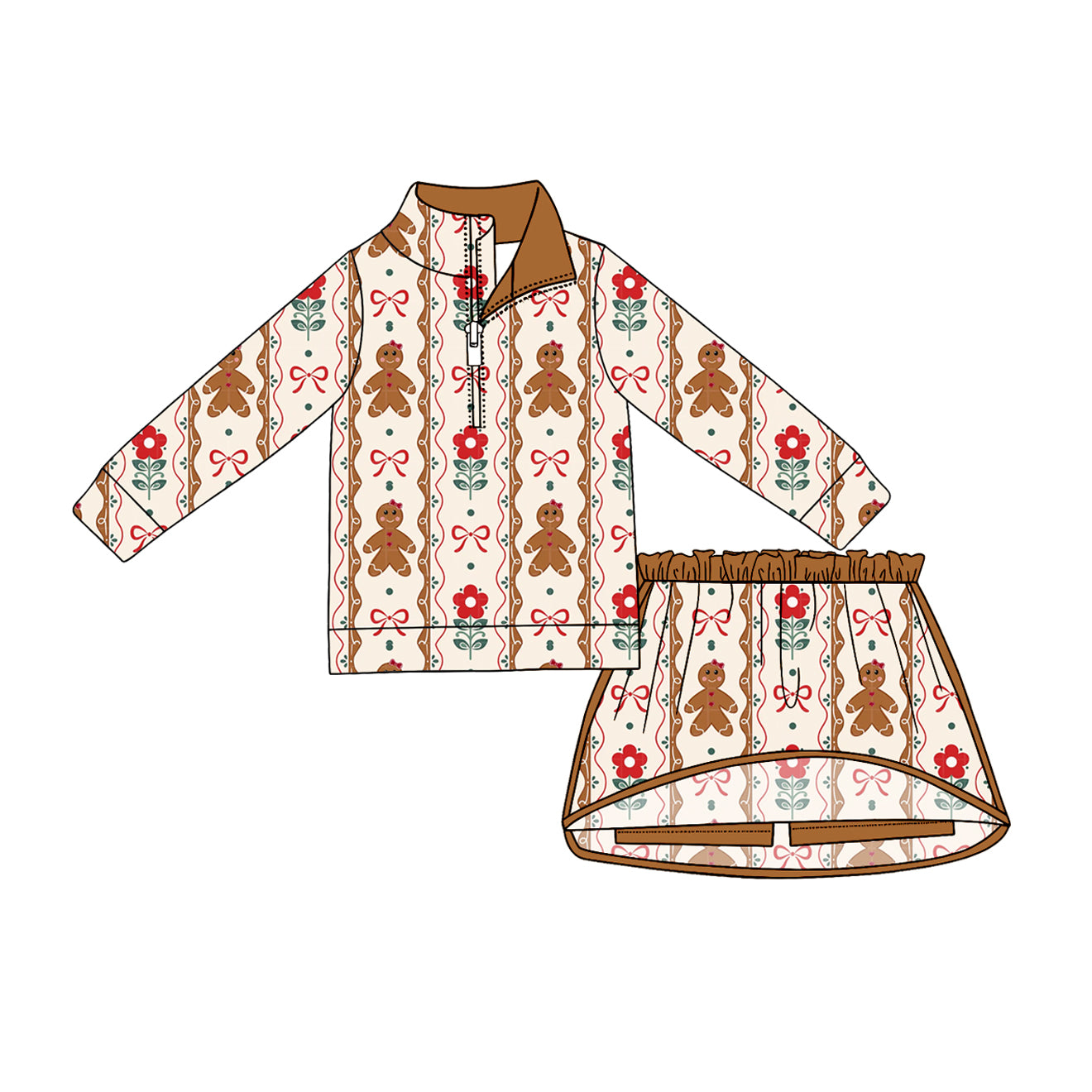4.24 Girls Gingerbread Print Christmas Outfit - Half Zip Top & Skirt Set Preorder