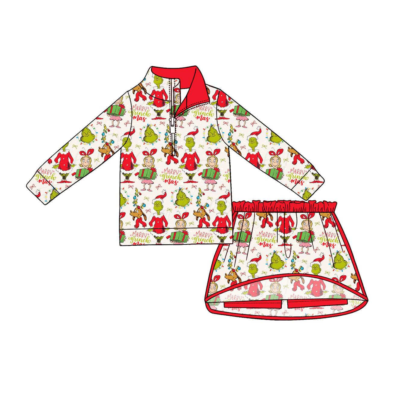 4.24 Girls Green Face Christmas Outfit - Half Zip Top & Skirt Set