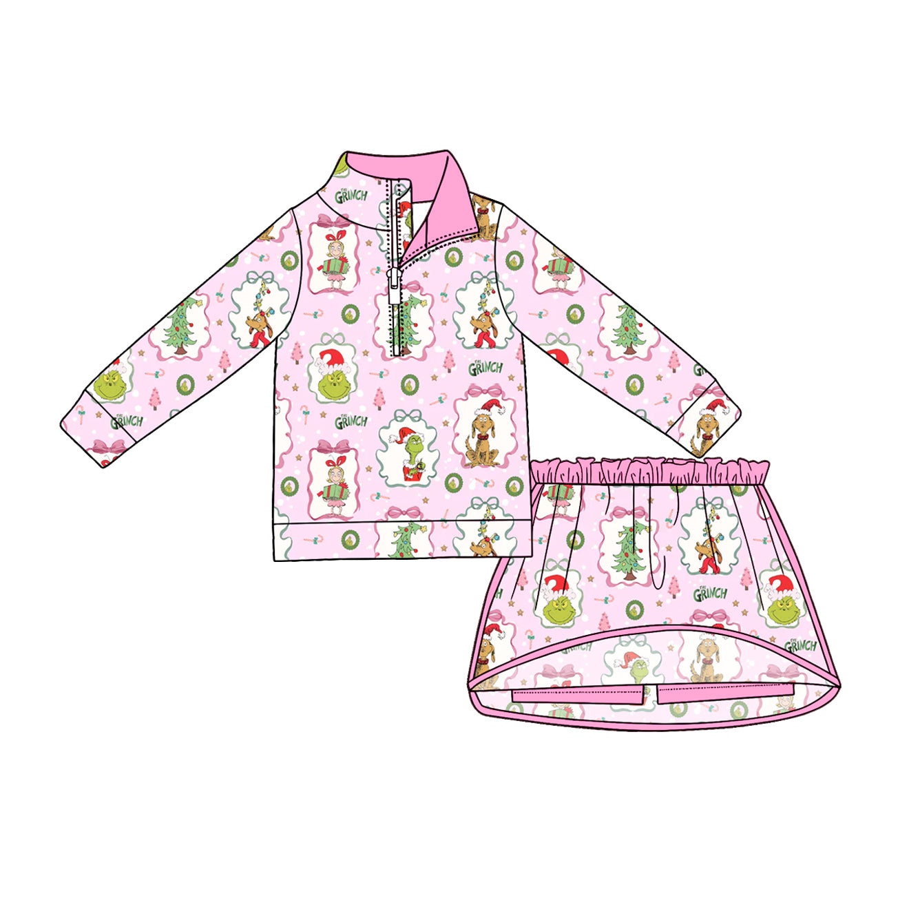 4.24 Kids Pastel Green Face Cartoon Print Set - Pink Half Zip Pullover & Skirt Preorder