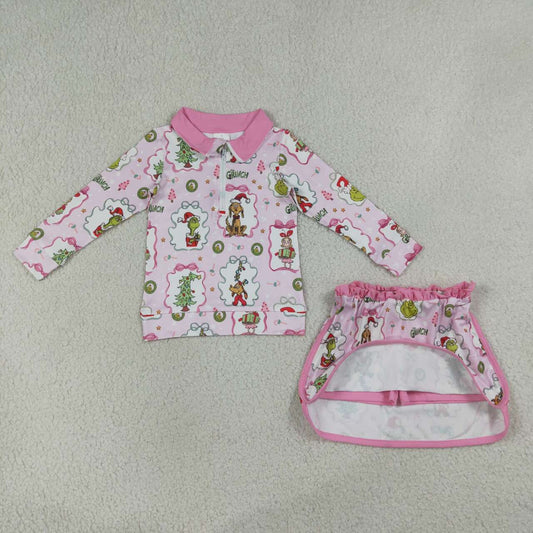 GLD1609 Green Frog Friends Bows Pink Print Zipper Pullover Top Skort Girls Christmas Clothes Set