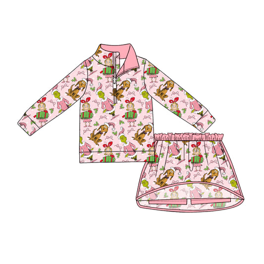 4.24 Girls Pink Cartoon Christmas Outfit - Half Zip Top & Skirt Set Preorder