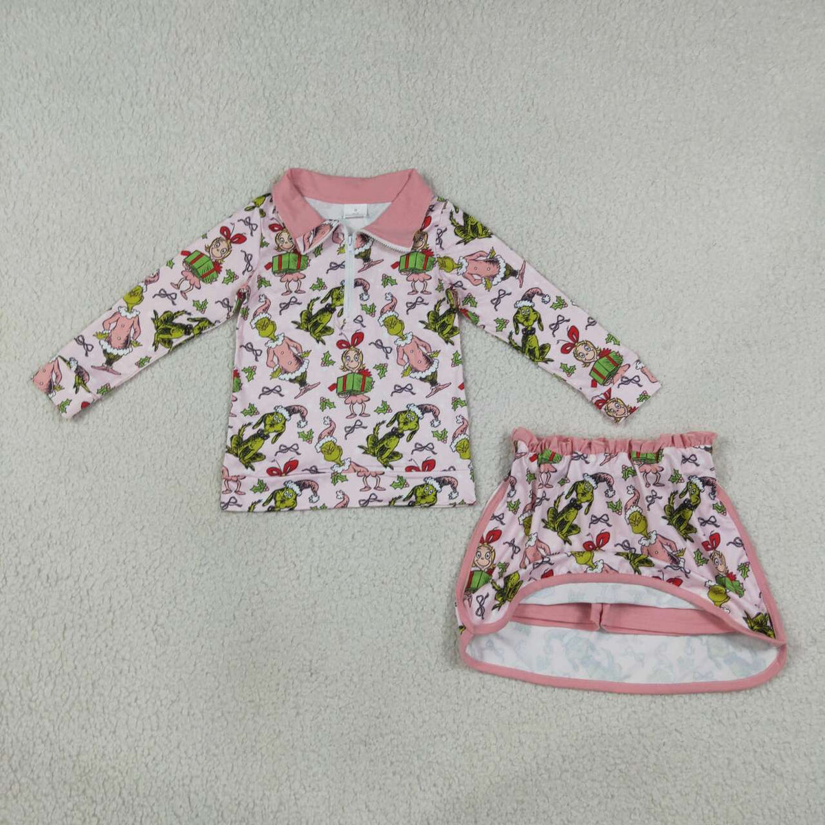 Green Frog Friends Holly Pink Print Zipper Pullover Top Skort Girls Christmas Clothes Set Sister Wear