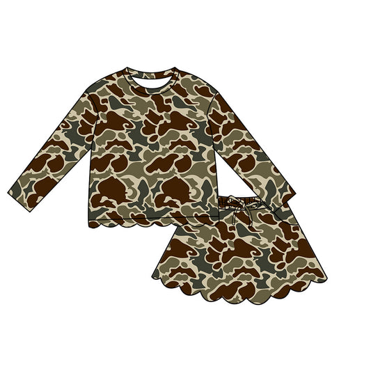 4.29 GLD1613 Dark Brown Green Camo Long Sleeve Top Skirts Girls Scallop Outfits Preorder