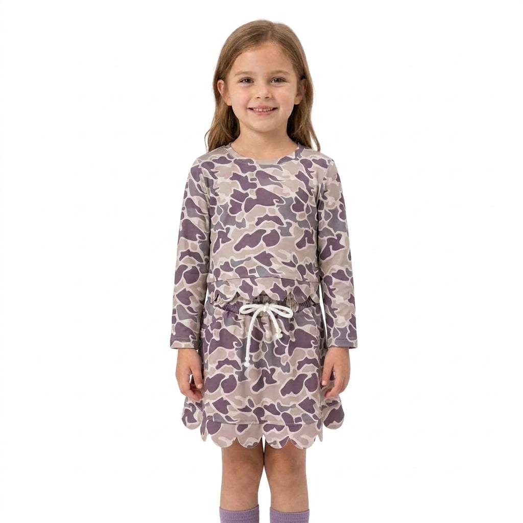 GLD1614 Dark Brown Grey Camo Long Sleeve Top Skort Girls Scallop Clothes Set