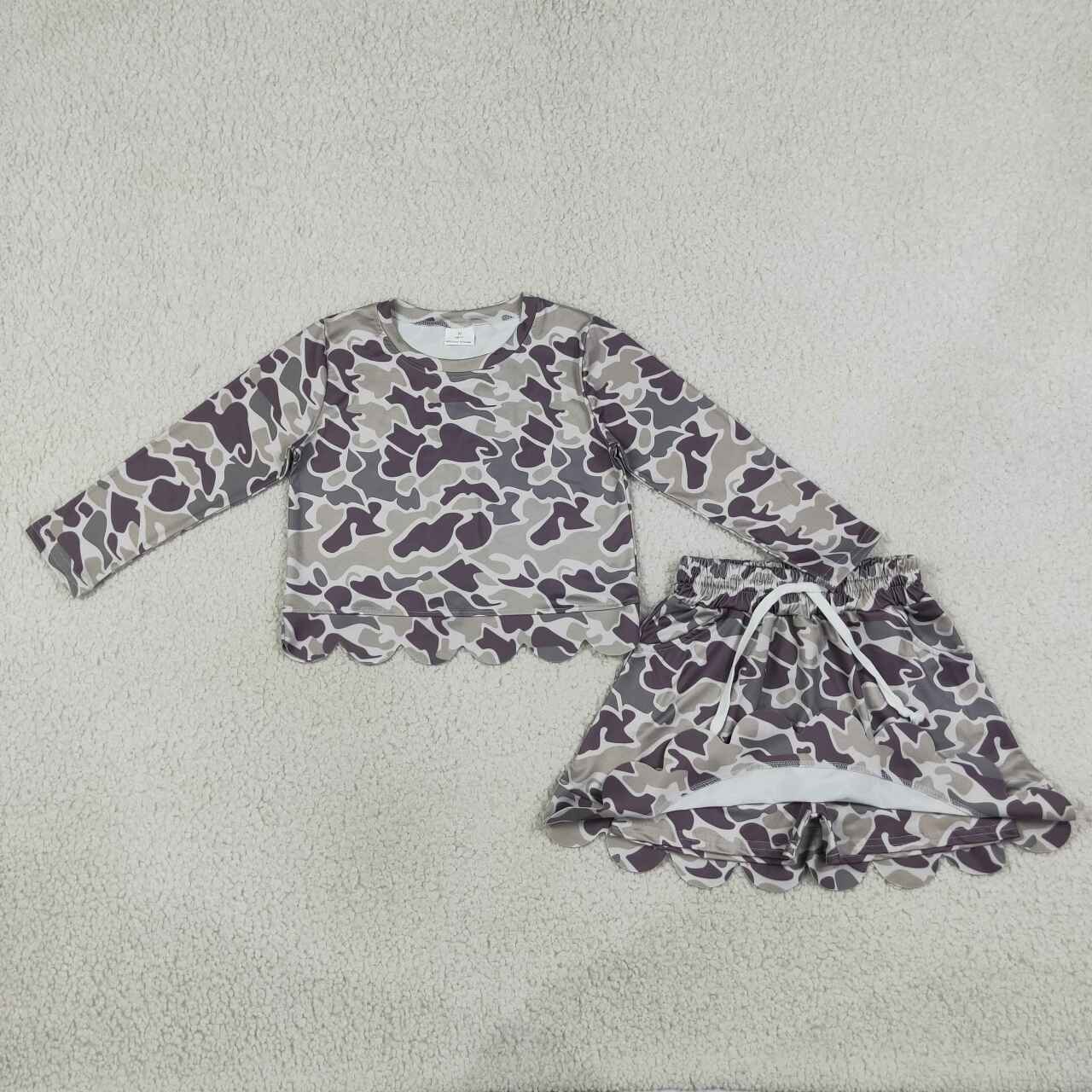 GLD1614 Dark Brown Grey Camo Long Sleeve Top Skort Girls Scallop Clothes Set