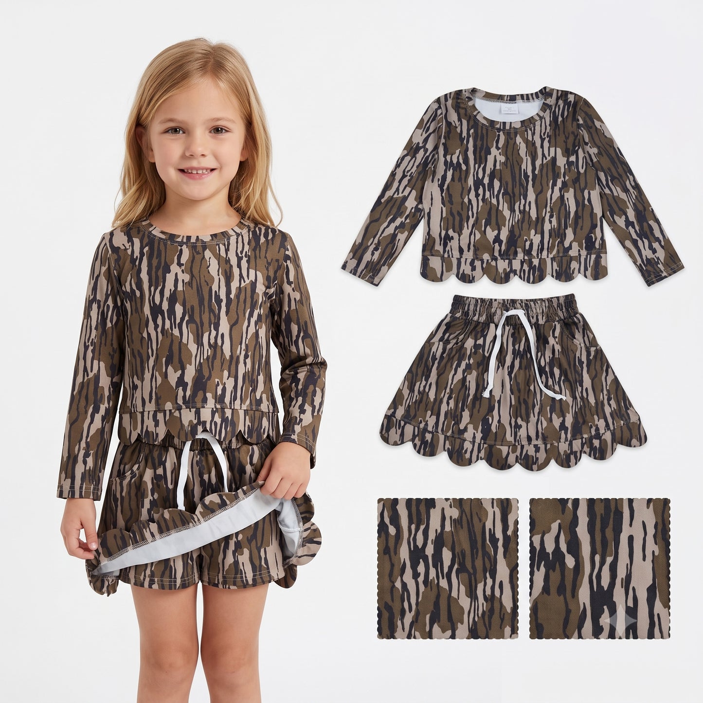 GLD1615 Camo Long Sleeve Top Skort Girls Scallop Clothes Set
