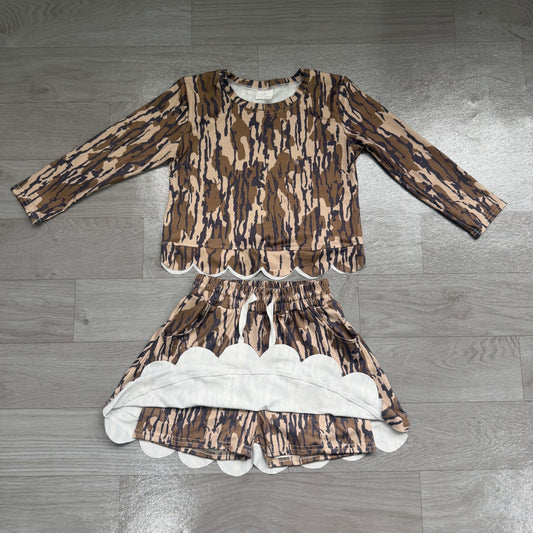 Dark Green Camo Long Sleeve Top Skirts Girls Scallop Outfits Preorder