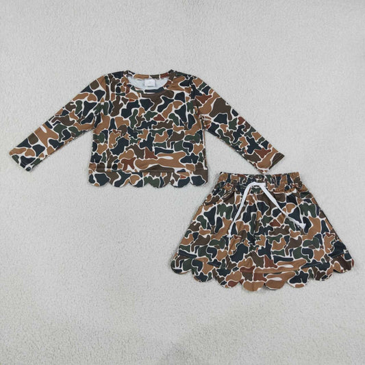 GLD1617 Brown Camo Long Sleeve Top Skort Girls Scallop Clothes Set