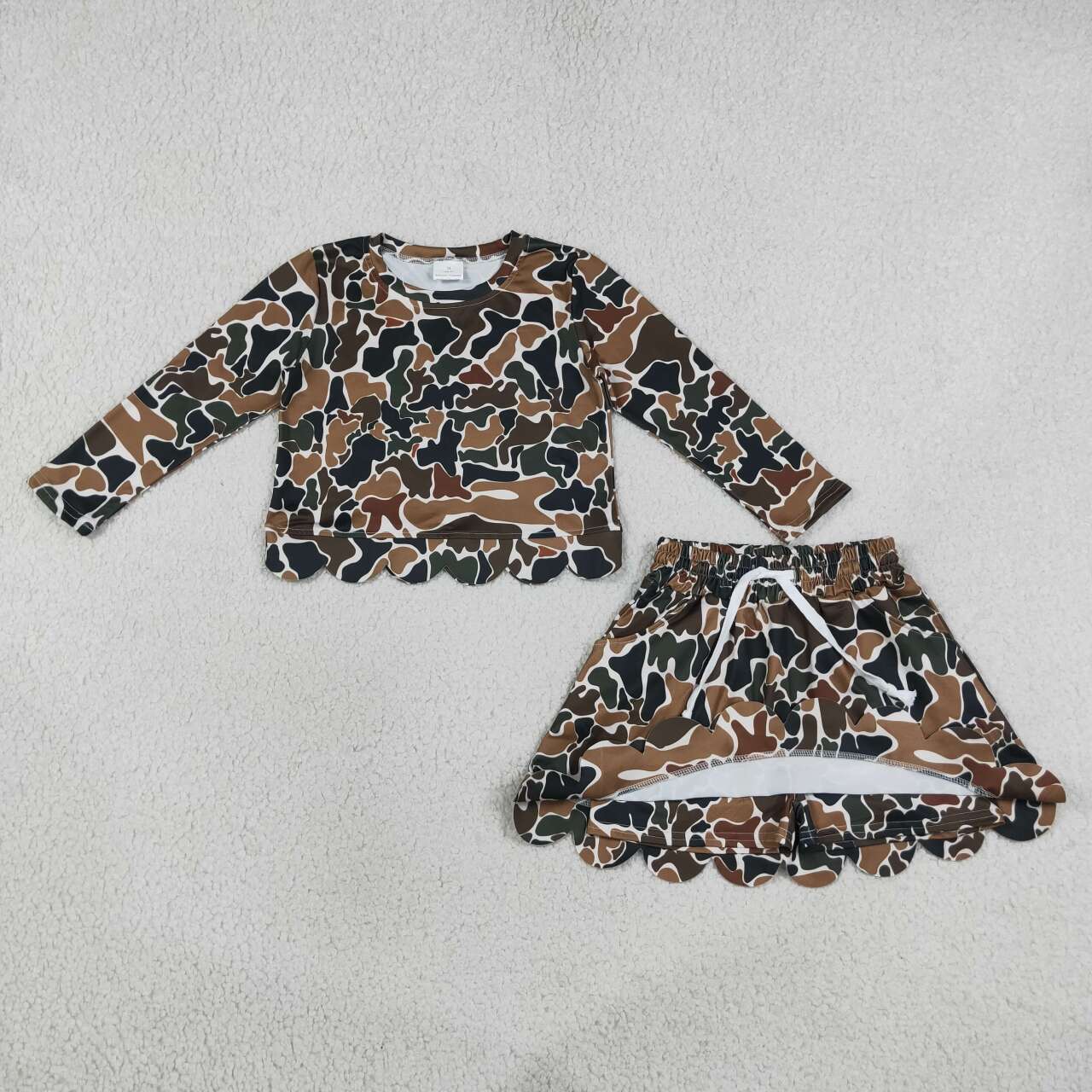 GLD1617 Brown Camo Long Sleeve Top Skort Girls Scallop Clothes Set