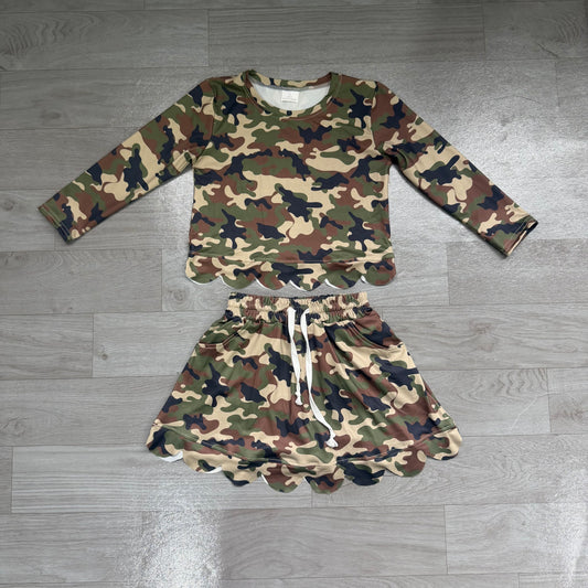 GLD1620 Brwon Green Black Camo Long Sleeve Top Skirts Girls Scallop Outfits Preorder