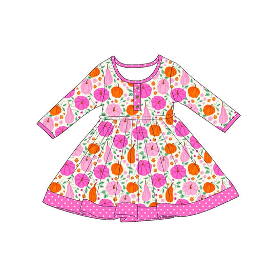 5.1 GLD1622 Pumpkin Flowers Pink Baby Girls Fall Long Sleeve Knee Length Dress Preorder