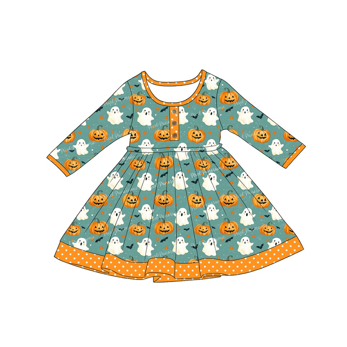 5.1 GLD1623 Pumpkin Ghost Baby Girls Halloween Long Sleeve Knee Length Dress Preorder
