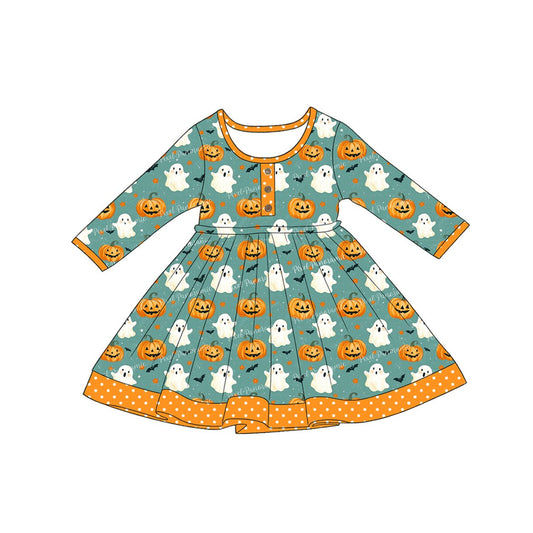 5.1 GLD1623 Pumpkin Ghost Baby Girls Halloween Long Sleeve Knee Length Dress Preorder