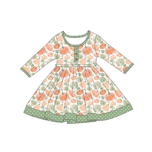 5.1 GLD1626 Pumpkin Baby Girls Fall Long Sleeve Knee Length Dress Preorder