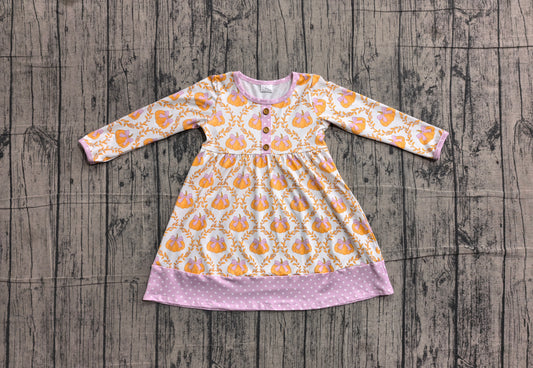 5.1 GLD1627 Pumpkin Bows Baby Girls Fall Long Sleeve Knee Length Dress Preorder