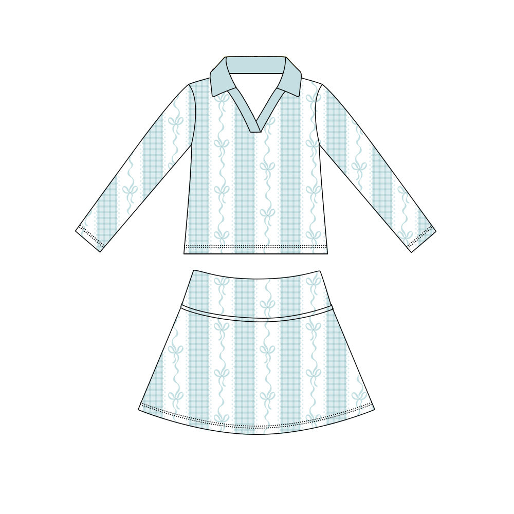 5.9 Preorder GLD1628 Bows Plaid Long Sleeve Top Skirts Girls Yoga Clothes Set