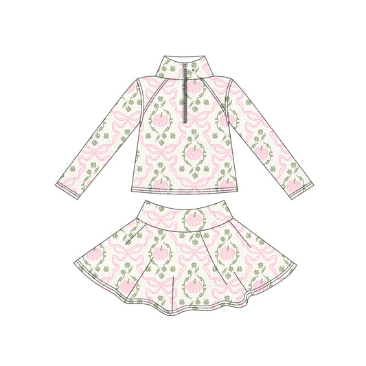 5.15 Preorder GLD1633 Pumpkin Bows Pink Zipper Top Skirts Girls Yoga Clothes Set
