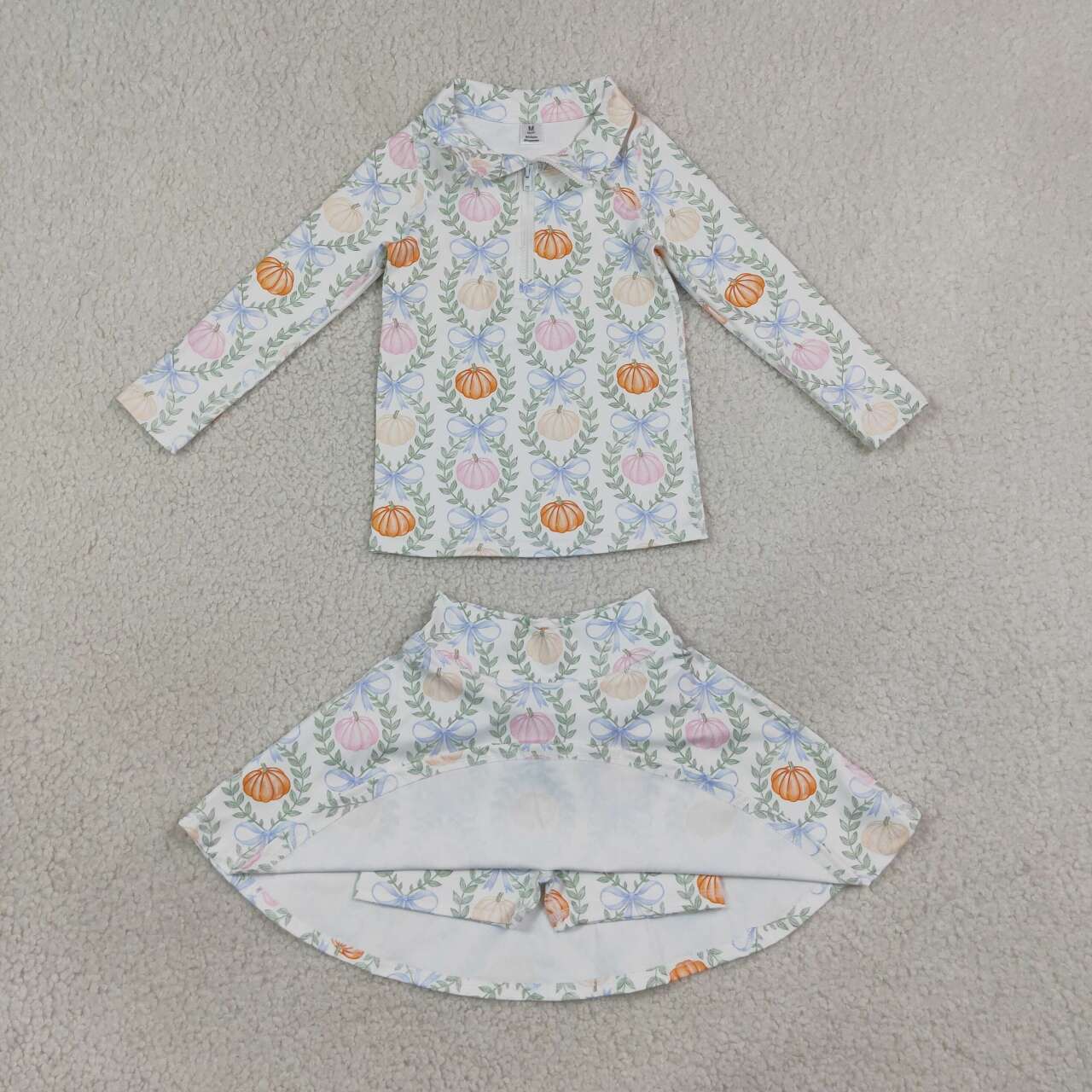 GLD1635 Pumpkin Bows Zipper Top Skort Girls Fall Yoga Clothes Set