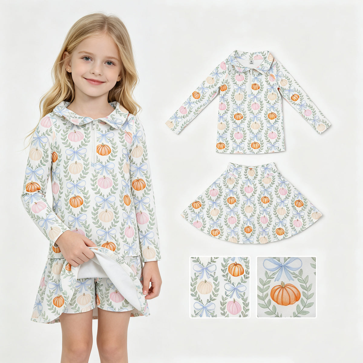 GLD1635 Pumpkin Bows Zipper Top Skort Girls Fall Yoga Clothes Set