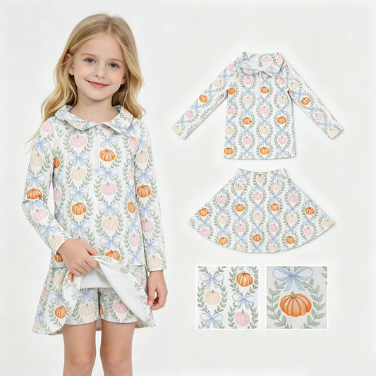 GLD1635 Pumpkin Bows Zipper Top Skort Girls Fall Yoga Clothes Set
