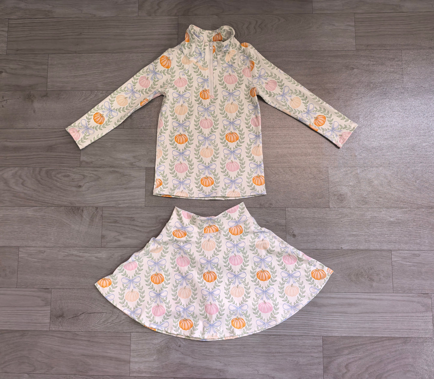 5.15 Preorder GLD1635 Pumpkin Bows Zipper Top Skirts Girls Yoga Clothes Set