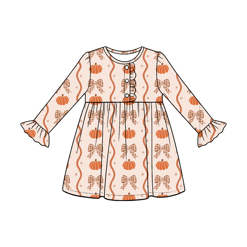 5.18 Preorder Baby Girls Pumpkin & Gingham Bow Print Long Sleeve Fall Dress