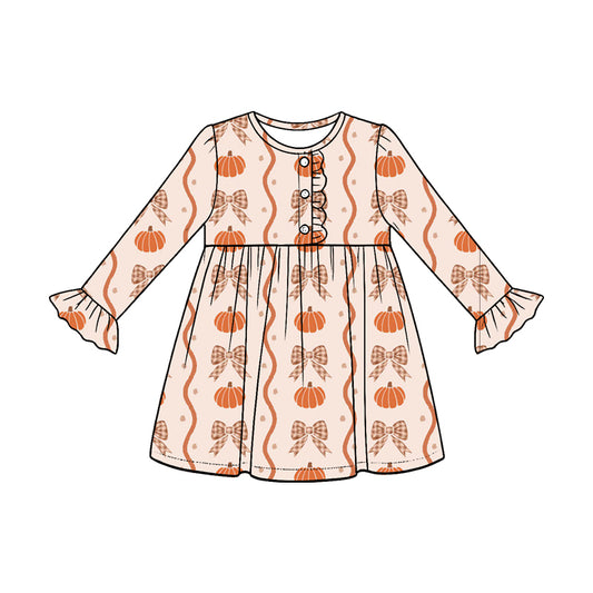 5.18 Preorder Baby Girls Pumpkin & Gingham Bow Print Long Sleeve Fall Dress