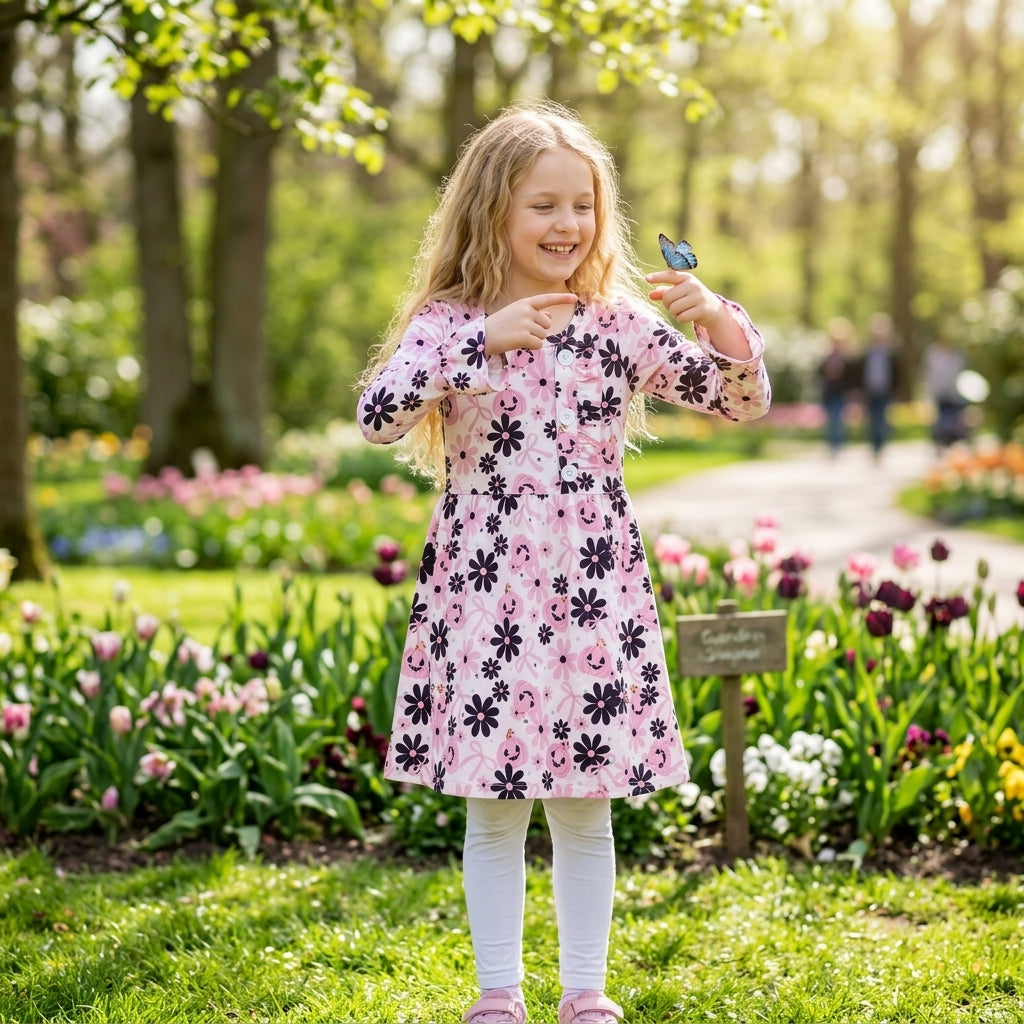 GLD1637 Pumpkin Smiling Flowers Bows Pink Print Baby Girls Halloween Knee Length Dress