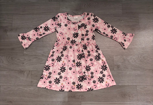 GLD1637 Preorder Pumpkin Smiling Flowers Bows Pink Print Baby Girls Halloween Knee Length Dress