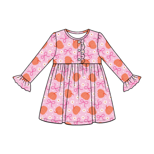5.18 Preorder Baby Girls Pumpkin & Bow Print with Daisy Long Sleeve Dress
