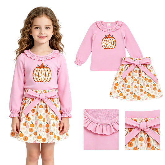 GLD1641 Pumpkin Embroidery Pink Top Skirts Girls Fall Clothes Set
