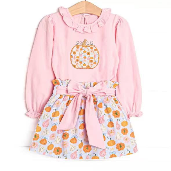 6.18 Preorder GLD1641 Pumpkin Pink Top Skirts Girls Fall Clothes Set