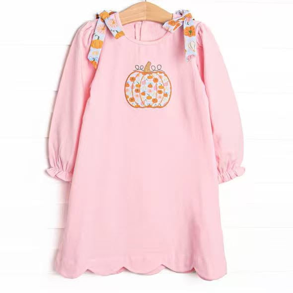 6.18 Preorder GLD1642 Pumpkin Flowers Pink Print Girls Fall Dress