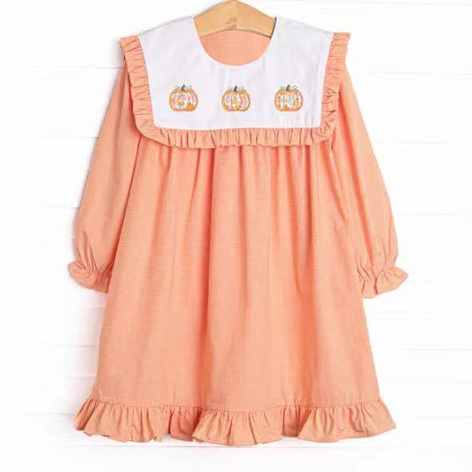 6.18 Preorder GLD1645 Pumpkin Orange Print Girls Fall Dress
