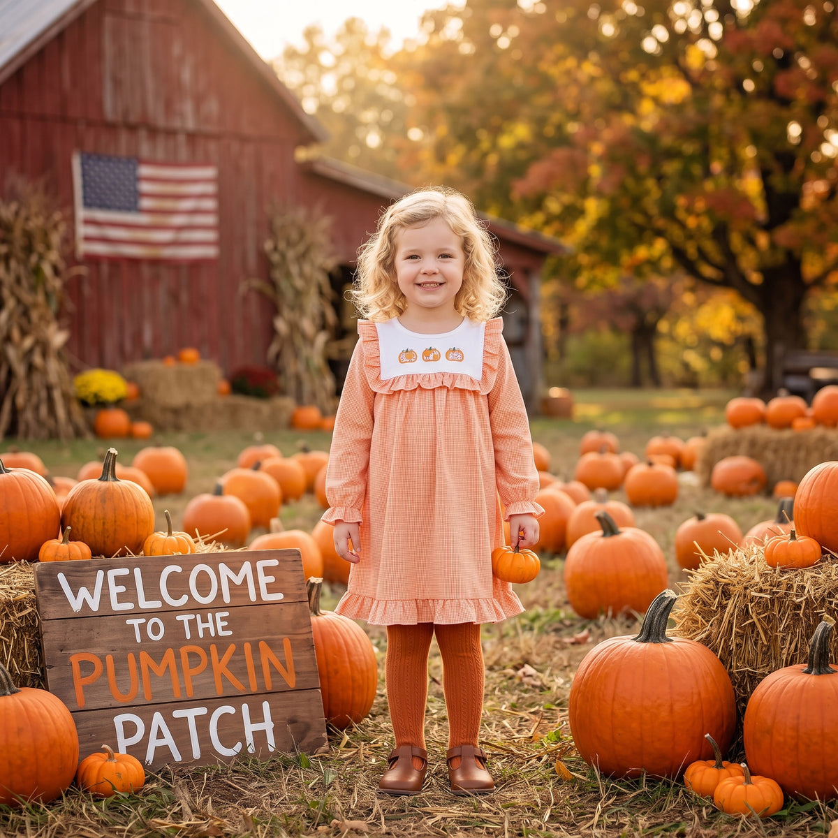 GLD1645 Pumpkin Embroidery Orange Checkered Print Girls Fall Ruffle Dress