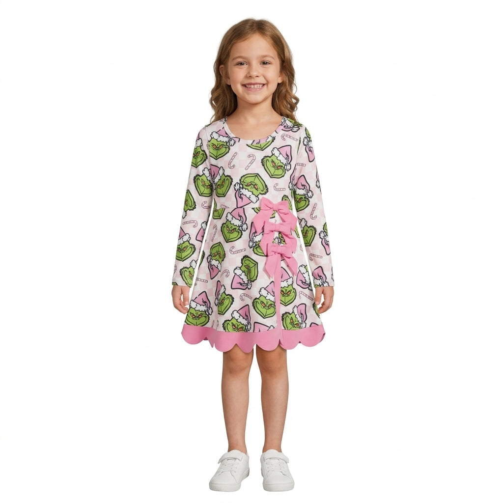 GLD1651 Green Frog Pink Checkered Candy Cane Print Girls Christmas Active Dress With Bow