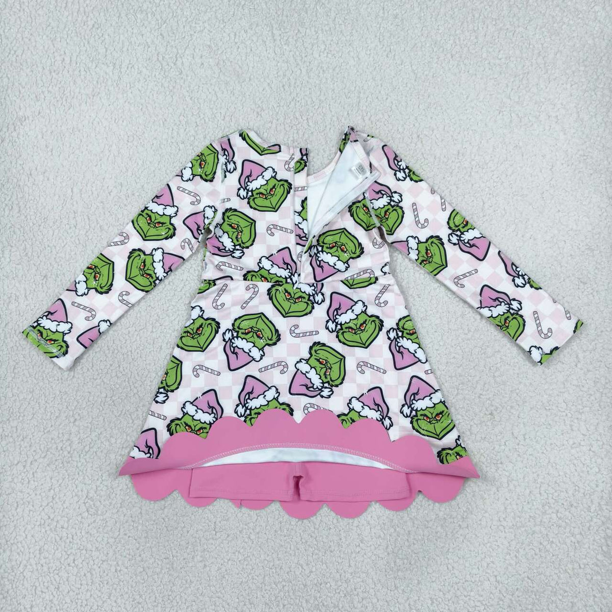 GLD1651 Green Frog Pink Checkered Candy Cane Print Girls Christmas Active Dress With Bow