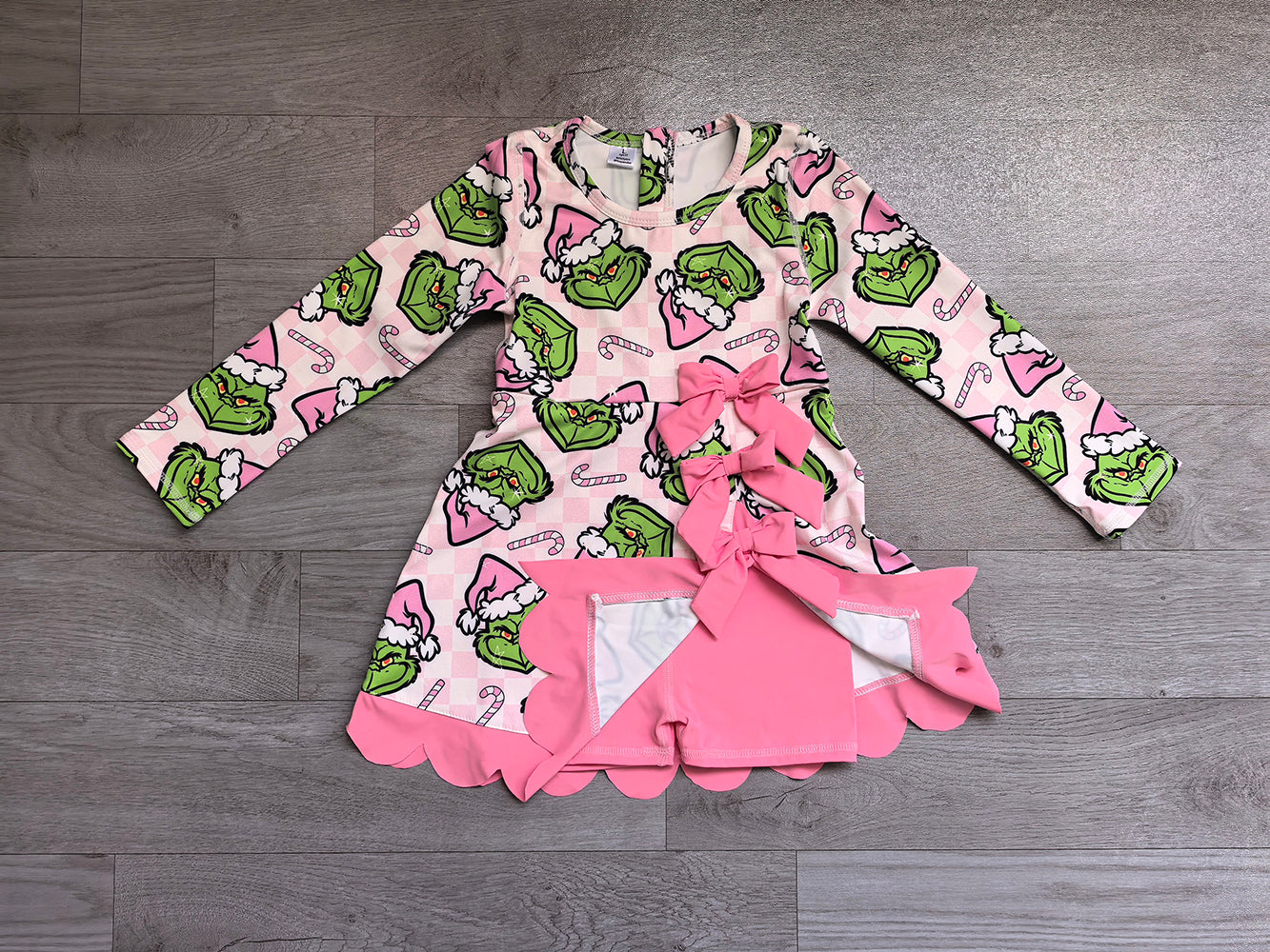 6.24 GLD1651 Baby Girls Christmas Green Face Long Sleeve Active Dress With Bow