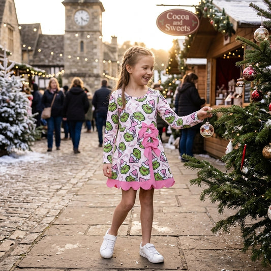 GLD1651 Green Frog Pink Checkered Candy Cane Print Girls Christmas Active Dress With Bow
