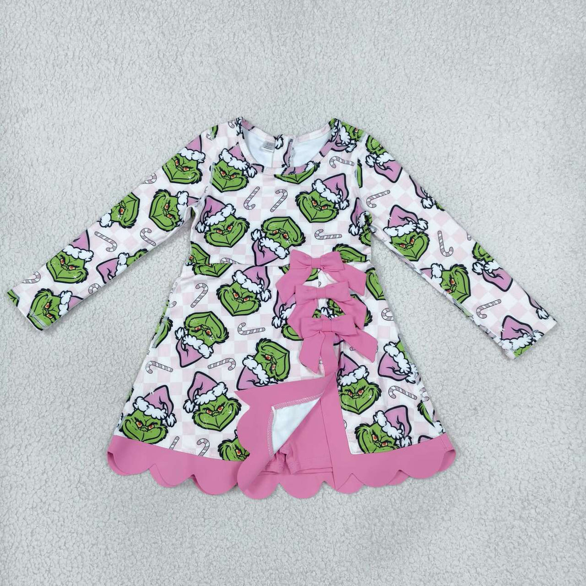 GLD1651 Green Frog Pink Checkered Candy Cane Print Girls Christmas Active Dress With Bow