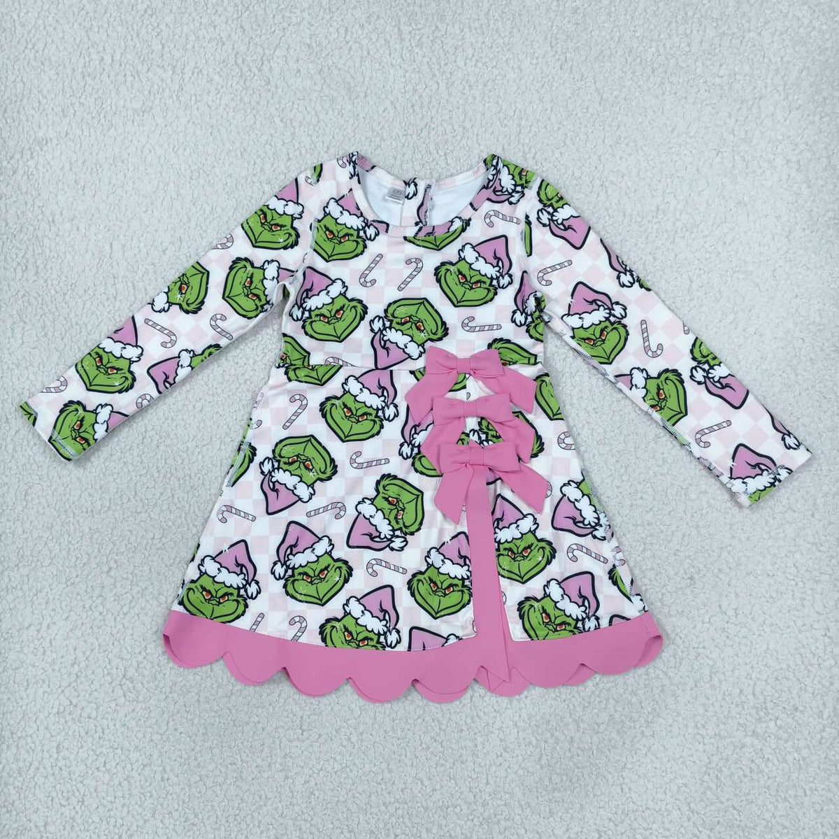 GLD1651 Green Frog Pink Checkered Candy Cane Print Girls Christmas Active Dress With Bow