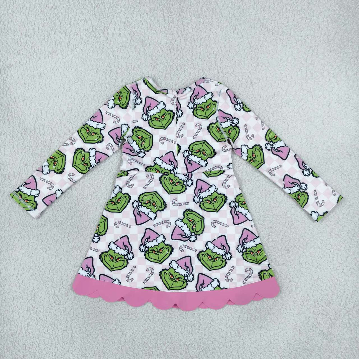 GLD1651 Green Frog Pink Checkered Candy Cane Print Girls Christmas Active Dress With Bow