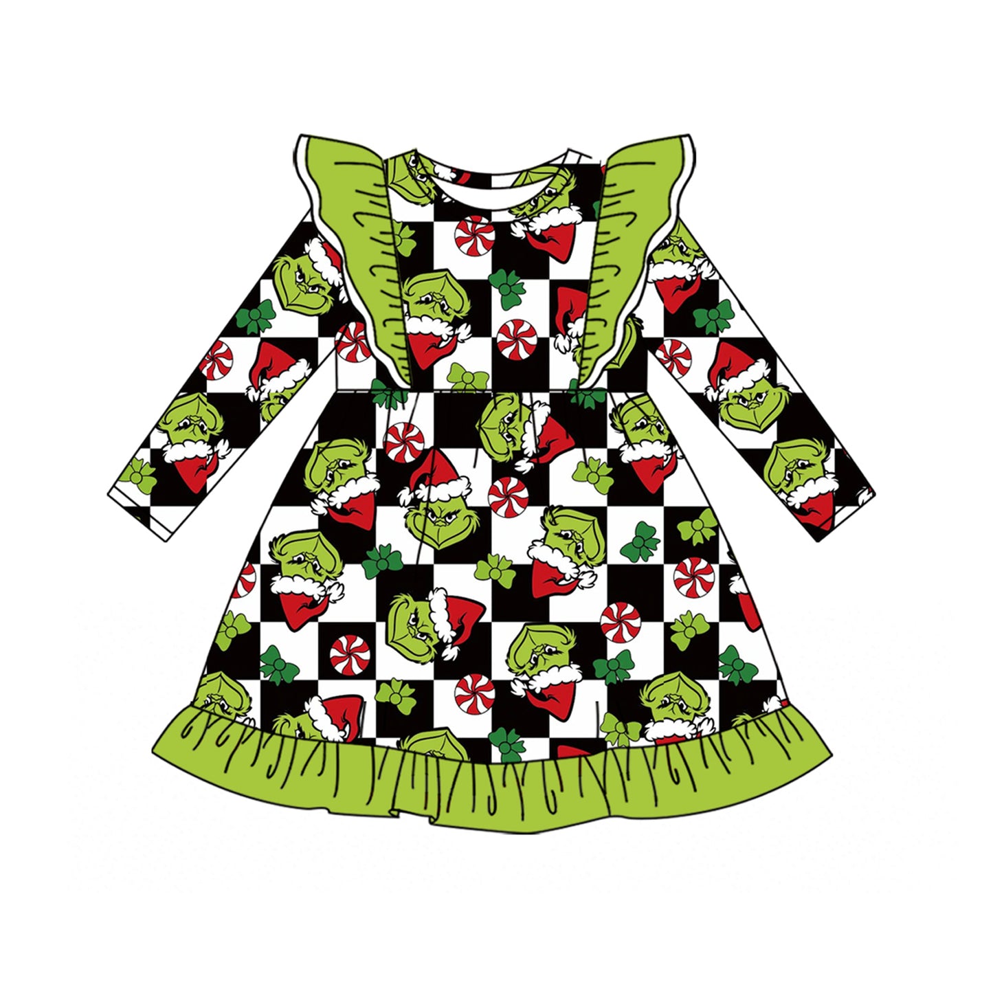 6.26 Preorder Kids Girls Christmas Green Face Long Sleeve Dress