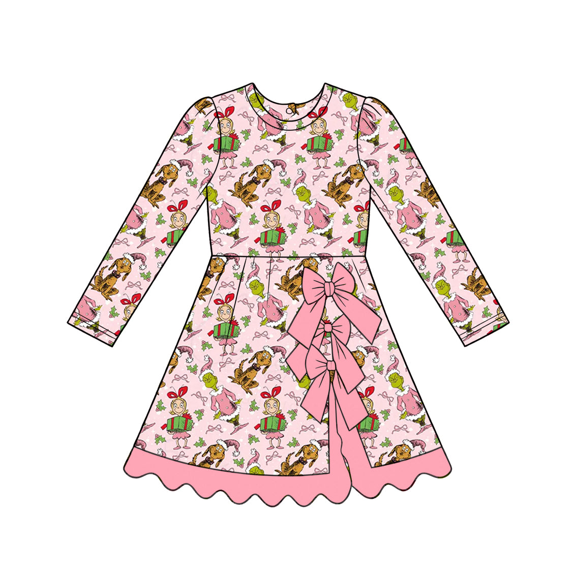 6.27 GLD1656 Green Frog Pink Bows Baby Girls Christmas Long Sleeve Active Dress With Bow