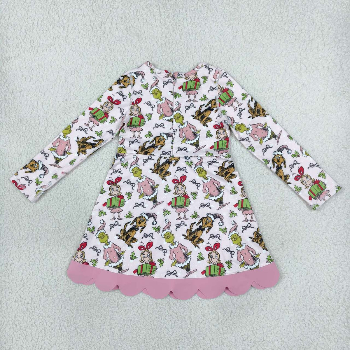Green Frog Pink Bows Baby Girls Christmas Long Sleeve Active Dress With Bow